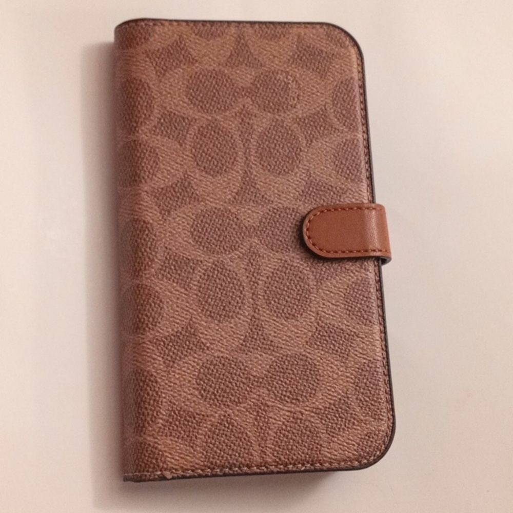 Coach Tan Brown Signature Monogram Phone Case with Magnetic Closure & Card Slots